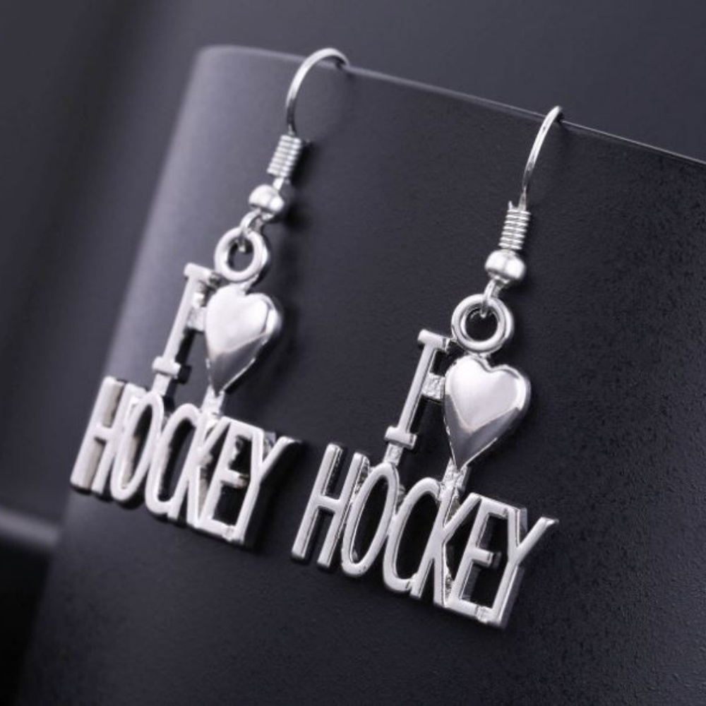 Brand New Silver Tone I Love Hockey Earrings Sport